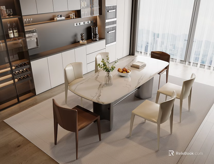 Modern Dining Table Set With Marble Top And Upholstered Chairs In Kitchen Area 3d model