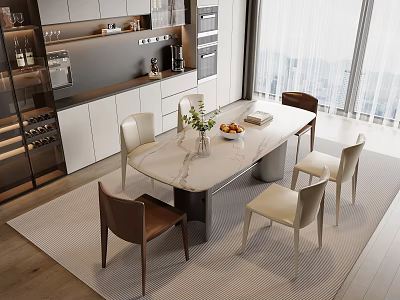 Modern Dining Table Set With Marble Top And Upholstered Chairs In Kitchen Area 3d model