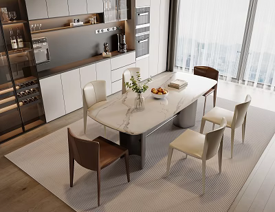Modern Dining Table Set With Marble Top And Upholstered Chairs In Kitchen Area 3d model