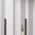 Modern White Wardrobe With Vertical Striped Double Doors And Adjacent Open Shelves With Decor