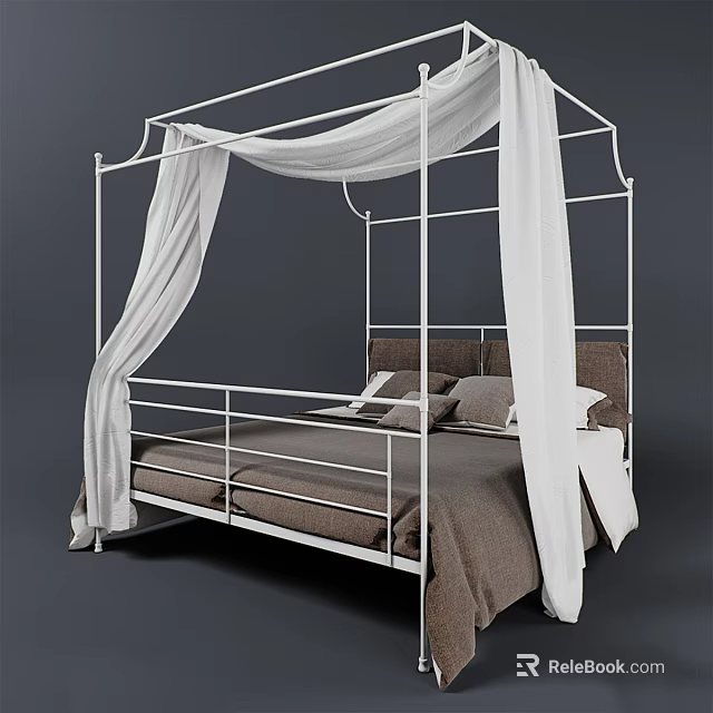 Four Poster Double Bed With White Canopy Curtains And Brown Bedspread 3d model 