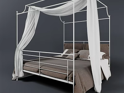 Four Poster Double Bed With White Canopy Curtains And Brown Bedspread 3d model