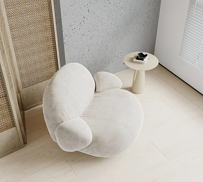 Plush White Single Seater Sofa With Round Design And Side Table Near Woven Screen 3d model