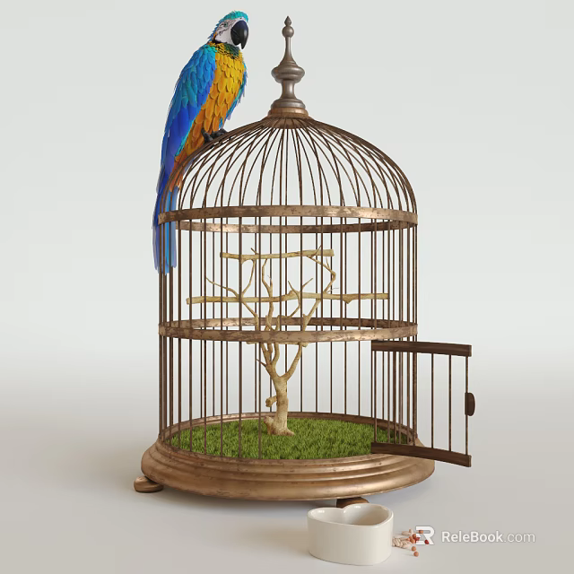 Vintage Birdcage Decorative Ornament Set With Parrot Figure Green Grass And Tree Branch 3d model 