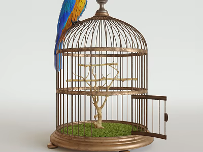 Vintage Birdcage Decorative Ornament Set With Parrot Figure Green Grass And Tree Branch 3d model