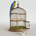 Vintage Birdcage Decorative Ornament Set With Parrot Figure Green Grass And Tree Branch