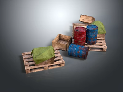 Wooden Pallets With Crates Red Blue Barrels And Green Cloth Arrangement 3d model