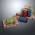 Wooden Pallets With Crates Red Blue Barrels And Green Cloth Arrangement