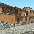 Traditional Guesthouse Architecture Along Ancient Stone Paved Street With Red Lanterns And Wooden Facades