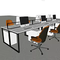 Modern Office Desk Setup with White Surface Black Frame Multiple Computer Monitors and Orange Chairs 3d model