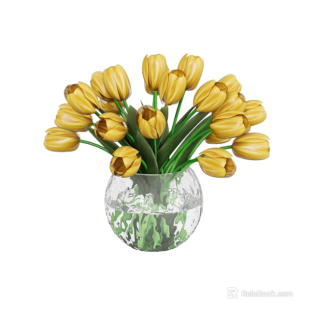 Yellow Tulips In Transparent Glass Vase With Green Stems And Water 3d model 