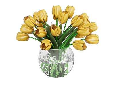 Yellow Tulips In Transparent Glass Vase With Green Stems And Water 3d model