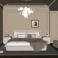 Elegant Modern Bedroom Interior With Beige Bed Nightstands Chandelier Framed Artwork And Plush Rug