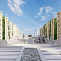 Park Landscape with Stone Steps Pillars Steles with Characters Trees Mist and People Walking