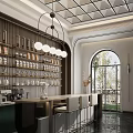 Modern Café Interior Featuring Shelves Bottles Cups Pendant Lights Bar Counter Arched Window Trees Outside