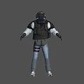 Tactical Character Wearing Black Bulletproof Vest White Long Sleeve Shirt And Blue Jeans