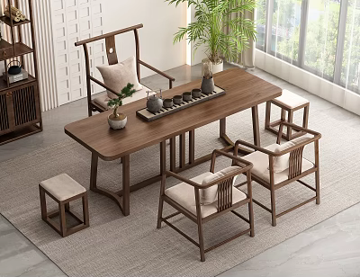 Wooden Chinese Traditional Tea Table And Chairs With Stools Tea Sets And Potted Plant Indoor 3d model