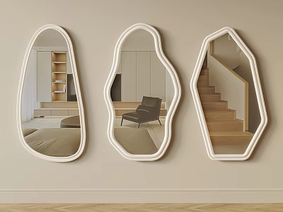 Modern Irregular Shaped Wall Mirrors With White Frames Reflecting Interior Scenes 3d model