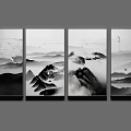 Chinese Ink Wash Landscape Painting Four Panel with Misty Mountains Flying Birds and Small Boat