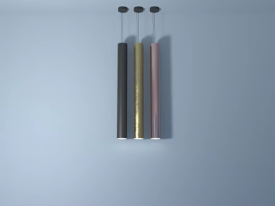Three Cylindrical Pendant Lights in Black Gold and Rose Gold Hanging on Light Blue Wall 3d model