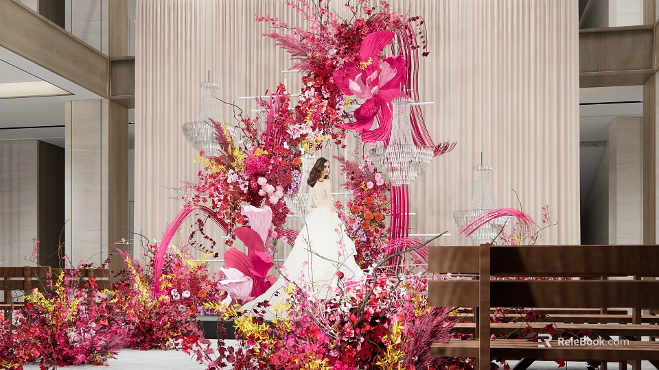 Floral Installation With Pink Red Yellow Flowers Hanging Arrangements And Transparent Structures 3d model 