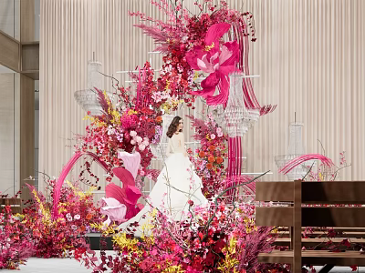 Floral Installation With Pink Red Yellow Flowers Hanging Arrangements And Transparent Structures 3d model