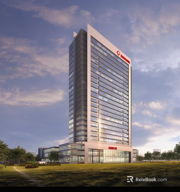 Modern Tall Office Building with Glass Curtain Wall Red Logo Top Lower Section and Trees 3d model 