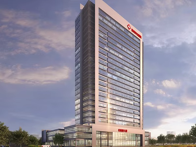 Modern Tall Office Building with Glass Curtain Wall Red Logo Top Lower Section and Trees 3d model
