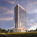 Modern Tall Office Building with Glass Curtain Wall Red Logo Top Lower Section and Trees
