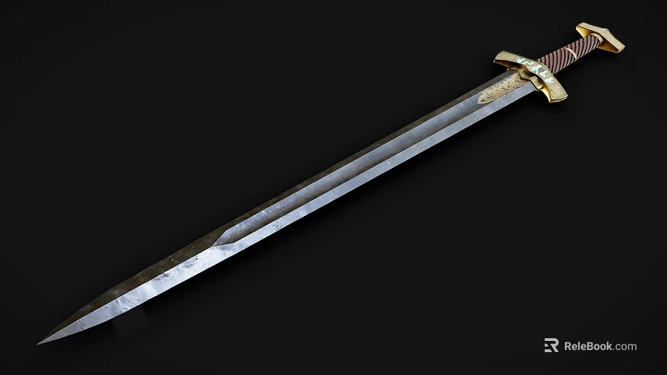 Ornate Decorative Sword With Engraved Blade Leather Wrapped Handle And Golden Hilt 3d model 