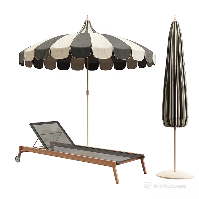 Outdoor Black White Striped Patio Umbrella With Metal Frame Rolling Lounge Chair 3d model 