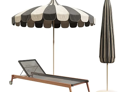 Outdoor Black White Striped Patio Umbrella With Metal Frame Rolling Lounge Chair 3d model