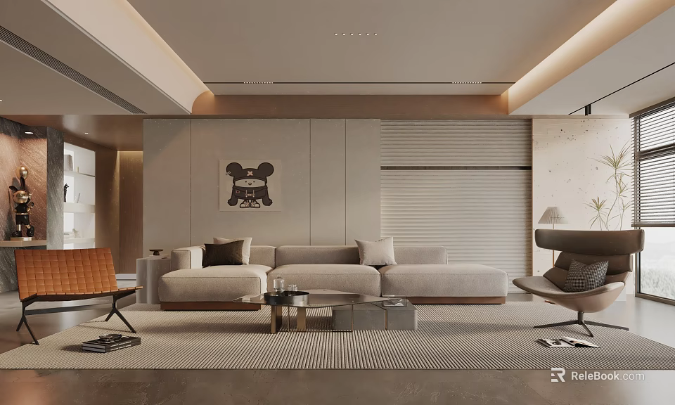 Elegant Modern Living Room Interior With Sofa Coffee Table Mickey Painting And Roller Blinds 3d model 