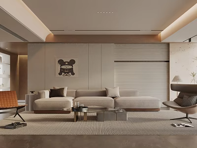 Elegant Modern Living Room Interior With Sofa Coffee Table Mickey Painting And Roller Blinds 3d model
