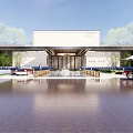 Elegant Modern Chinese Exhibition Gateway With Symmetric Fountain Greenery And Stone Columns