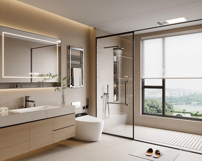 Modern Bathroom Interior With Large Mirror Glass Shower Vanity Toilet And Window View 3d model 
