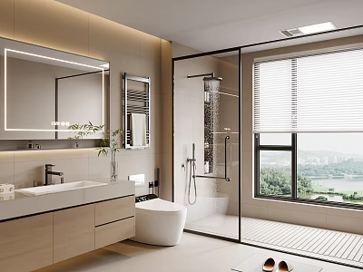 Modern Bathroom Interior With Large Mirror Glass Shower Vanity Toilet And Window View 3d model