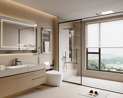 Modern Bathroom Interior With Large Mirror Glass Shower Vanity Toilet And Window View 3d model