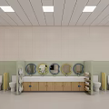 Modern Kindergarten Open Space With Colorful Ceiling Large Windows Green Curtains And Toy Area