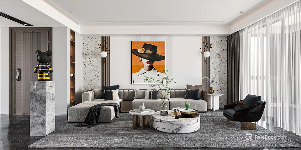 Modern Living Room Interior With Neutral Sofa Large Artwork Marble Coffee Tables And Wall Sconces 3d model 