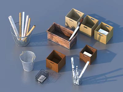 Various Household Storage Organizers Including Wooden Boxes Metal Baskets with Rolls and Pens 3d model