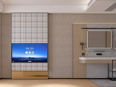 Modern Hotel Room Interior With Plaid Panel Wall TV Screen And Washbasin Mirror 3d model