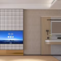 Modern Hotel Room Interior With Plaid Panel Wall TV Screen And Washbasin Mirror