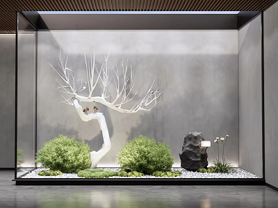 Serene Indoor Landscape Interior With White Decorative Tree Green Plants And Black Stone 3d model