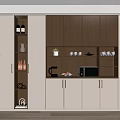 Modern Wine Cabinet With White Brown Storage For Wine Bottles Glassware Coffee Machine Microwave
