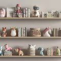 Various Stuffed Dolls Display on Shelves With Books Photo Frames and Decorative Baskets