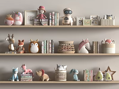 Various Stuffed Dolls Display on Shelves With Books Photo Frames and Decorative Baskets 3d model
