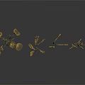 Cartoon Scene With Golden Plants Various Grasses And Flowers Metallic Texture Black Background And Reflections
