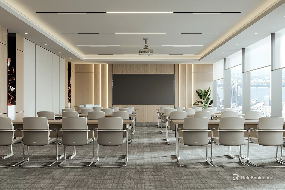 Modern Conference Room Interior With Meeting Tables Chairs Projection Screen Large Windows And Potted Plant 3d model 