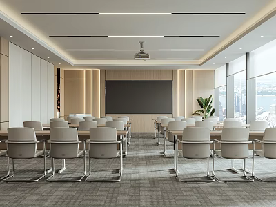 Modern Conference Room Interior With Meeting Tables Chairs Projection Screen Large Windows And Potted Plant 3d model